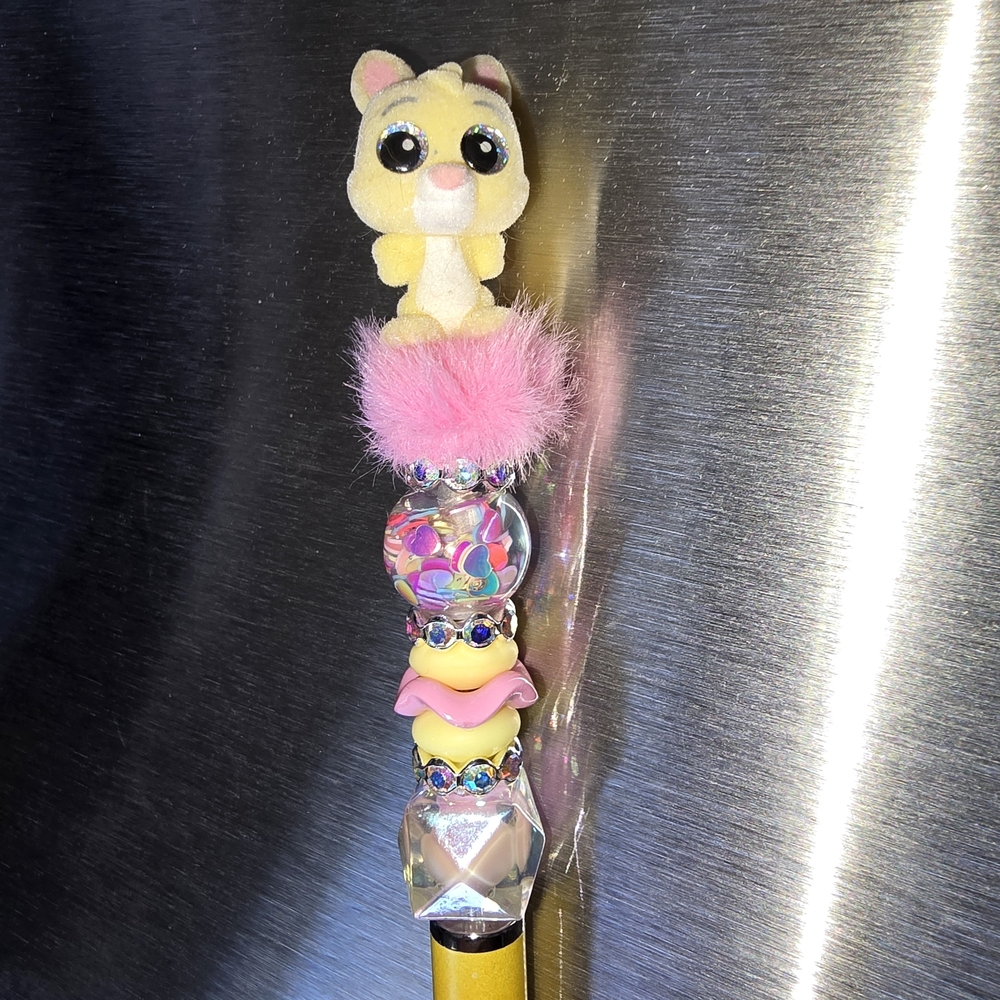 Cute fuzzy Rabbit Baby Stylus 2 In 1 Pen with Pink and Yellow Bling Beads